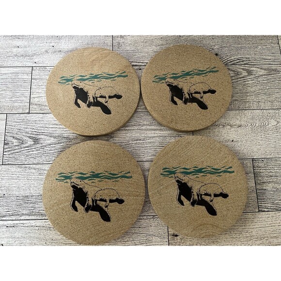 Vintage Thirsty Stone Manatee Sandstone Coasters Set of 4 Cork Backing 2000 - Picture 4 of 9